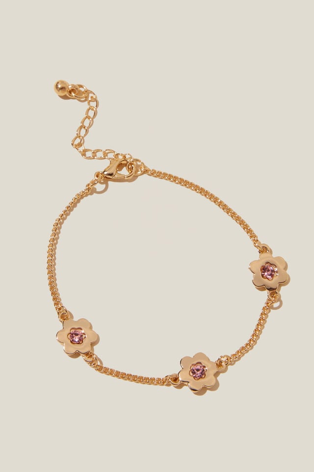 Kids Gold Metal Bracelet, PINK CRYSTALS/FLOWER