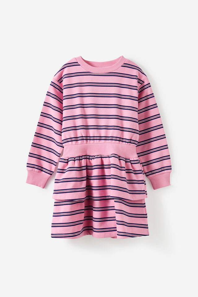 Crew Neck Ruffle Dress, STRAWBERRY MILK/DENIM NAVY STRIPE