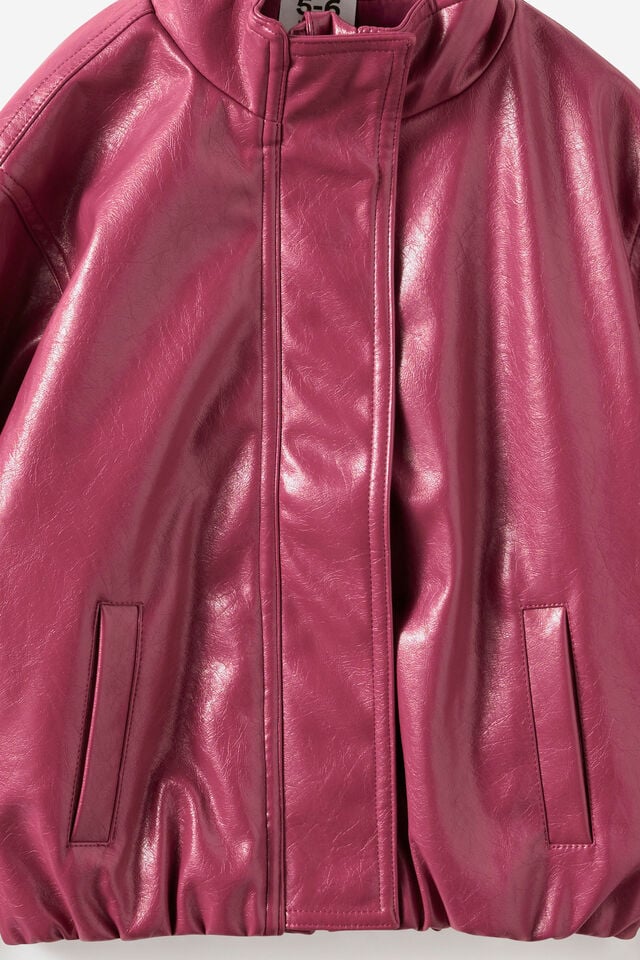 Faux Leather Funnel Neck Jacket, BERRY JAM