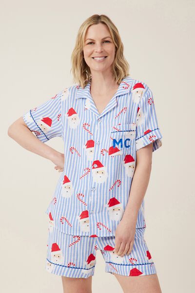 Carter  Short Sleeve Pyjama Set Personalised, DUSK BLUE/SANTA CANDY STRIPE