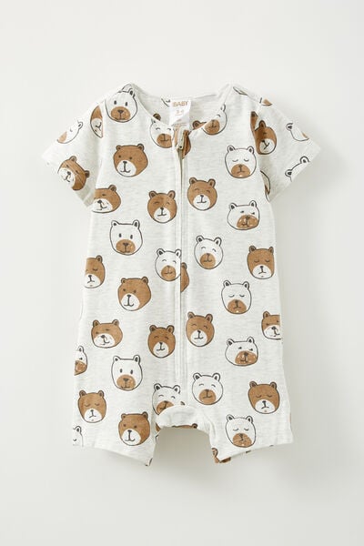 The Short Sleeve Zip Romper, OATMEAL MARLE/BEARY CUTE