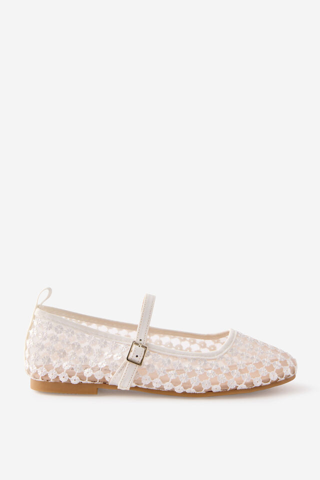 Kids Ballet Flat, WHITE/SEQUIN MESH