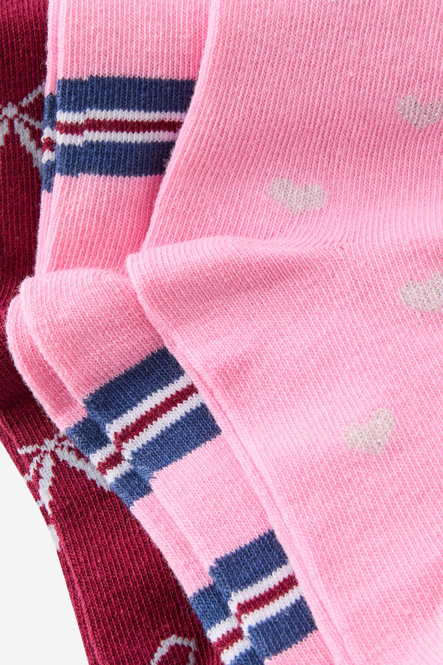 Kids 3Pk Crew Socks, STRAWBERRY MILK/HEARTS & BOWS