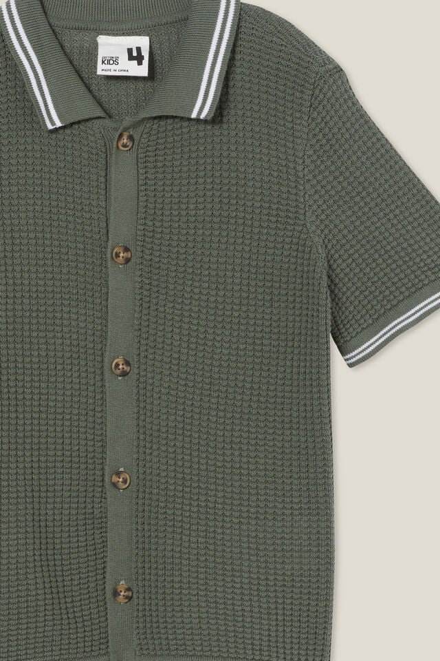 Knitted Short Sleeve Shirt, SWAG GREEN/WAFFLE KNIT