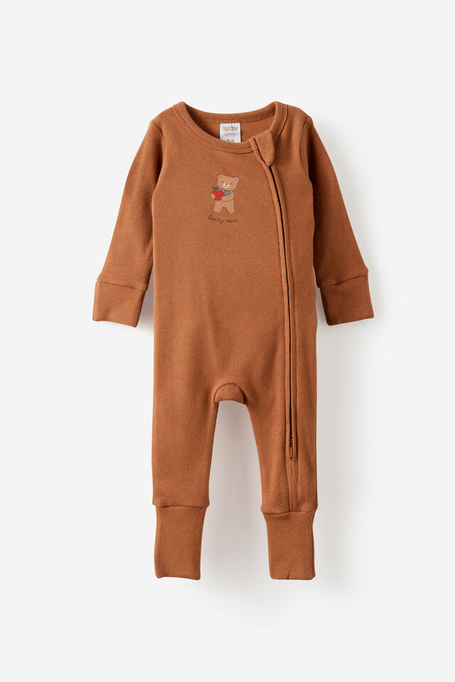 Growie Long Sleeve Zip All In One Romper, CARAMEL FUDGE/BEARY NICE