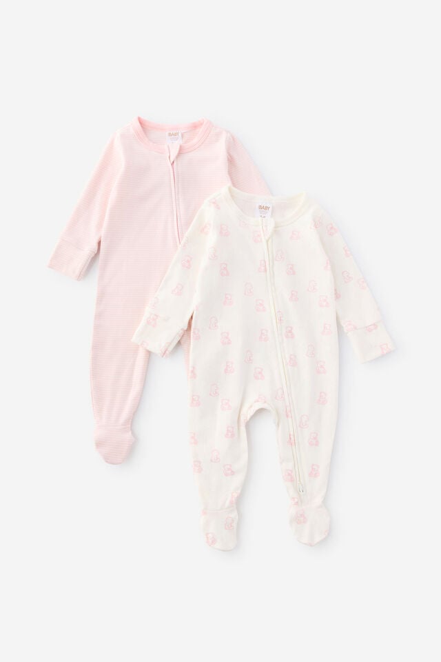 Organic 2Pk Long Sleeve Zip Romper, POP PINK/BEARS