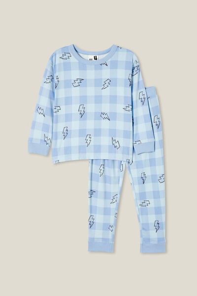 Chuck Long Sleeve Pyjama Set, DUSK BLUE/LIGHTNING BOLT GINGHAM