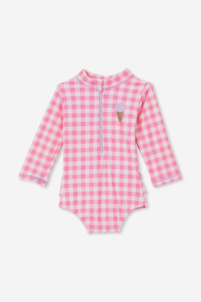 Lucy Long Sleeve Ruffle Back Swimsuit, PINK POP GINGHAM/ICE CREAM