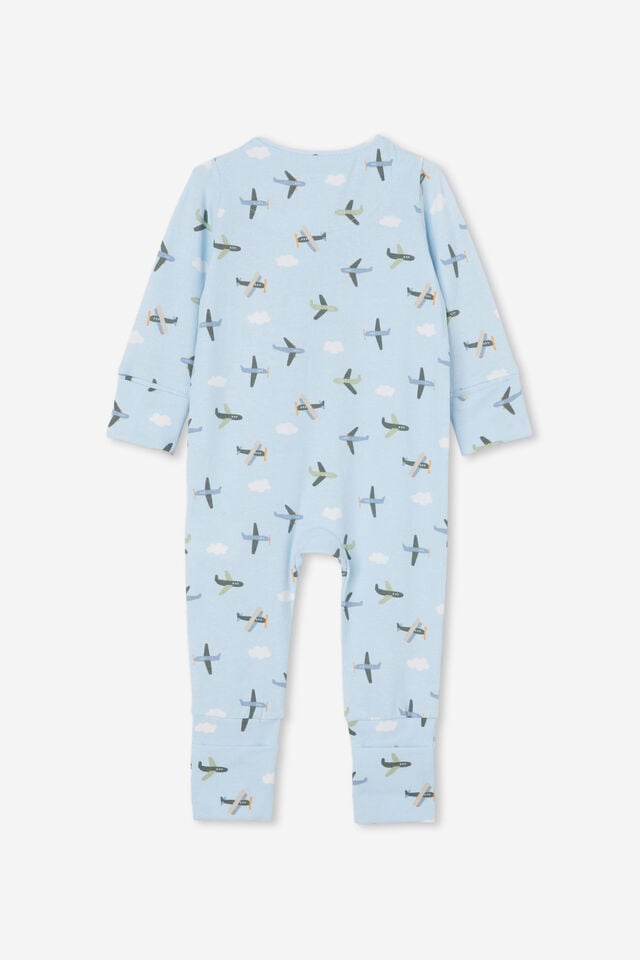 Macacão - The Long Sleeve Zip Footless Romper, FROSTY BLUE/FLY WITH ME