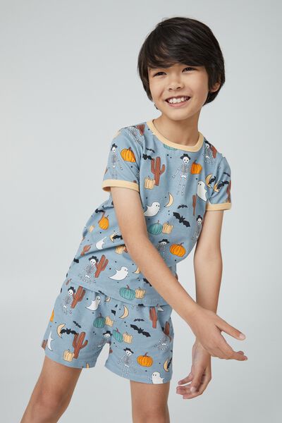 Felix Short Sleeve Pyjama Set, DUSTY BLUE/HALLOWEEN SKELETON