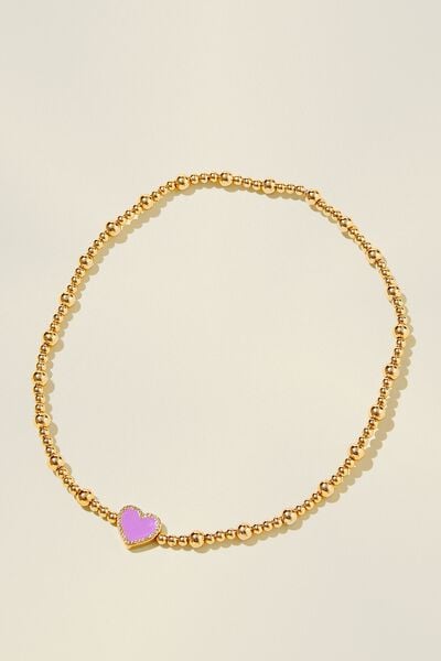 Kids Beaded Necklace, LILAC & GOLD HEART