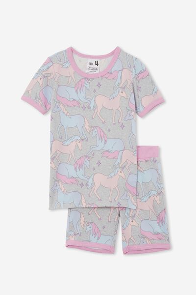 Harlow Super Soft Short Sleeve Pyjama Set, FOG GREY MARLE/GRADIENT UNICORNS