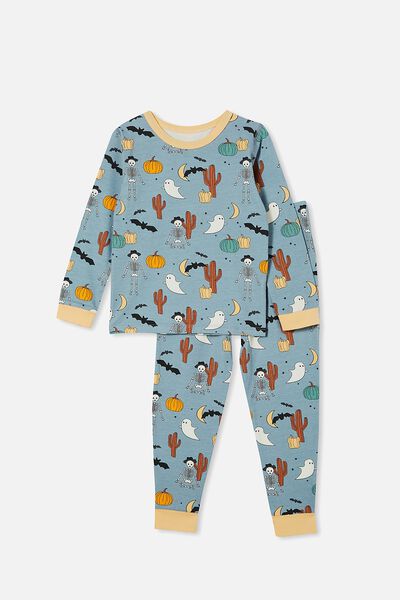 Orlando Long Sleeve Pyjama Set, DUSTY BLUE/HALLOWEEN SKELETON