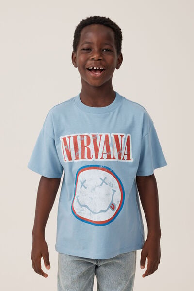 License Drop Shoulder Short Sleeve Tee, LCN MT DUSTY BLUE/NIRVANA FACE