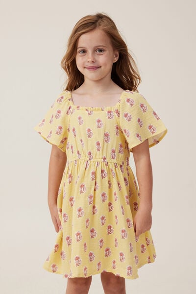 Paige Short Sleeve Dress, RAFFIA/FLORA FLOWER STAMP