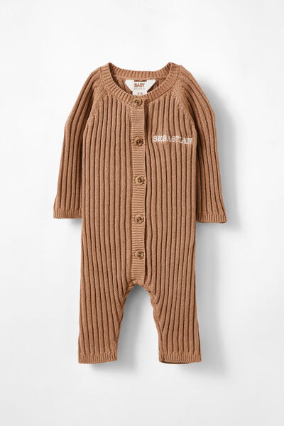 Organic Knit Long Sleeve Romper - Personalised, TAUPY BROWN