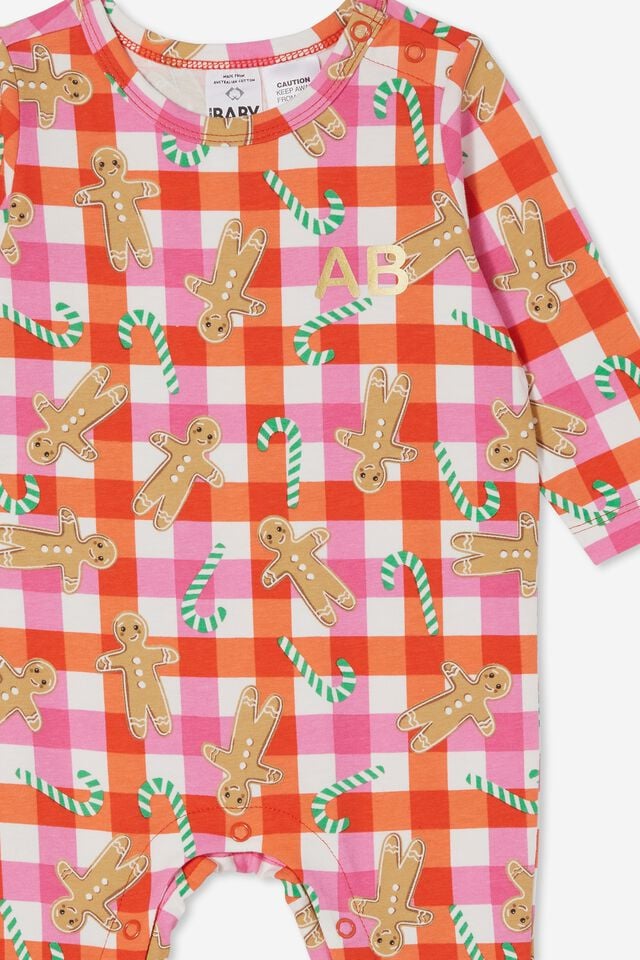 The Long Sleeve Snap Romper Personalisation, VANILLA/GINGERBREAD CHECK