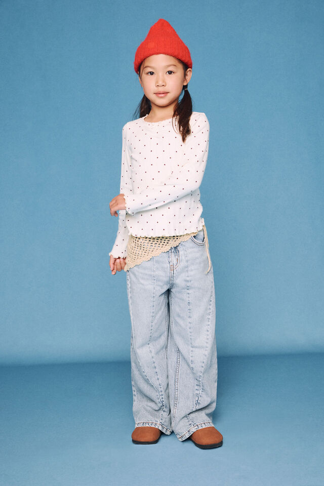 Fitted Essential Long Sleeve Ruched Top, VANILLA/BORDEAUX SPOT