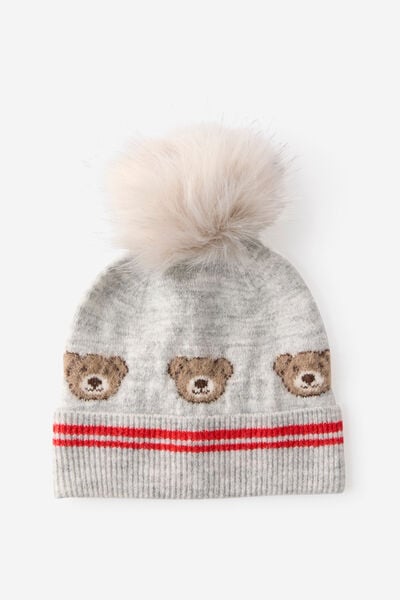 Kids Knitted Embellished Beanie, GREY MARLE/BEAR