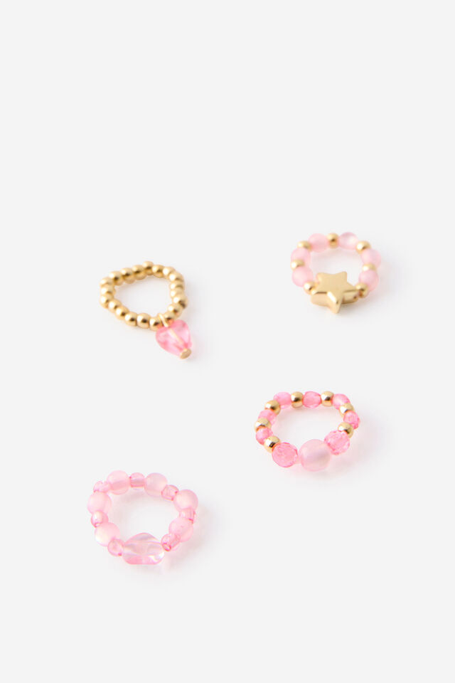 Kids 4Pk Ring Set, BEADED HEARTS/STARS