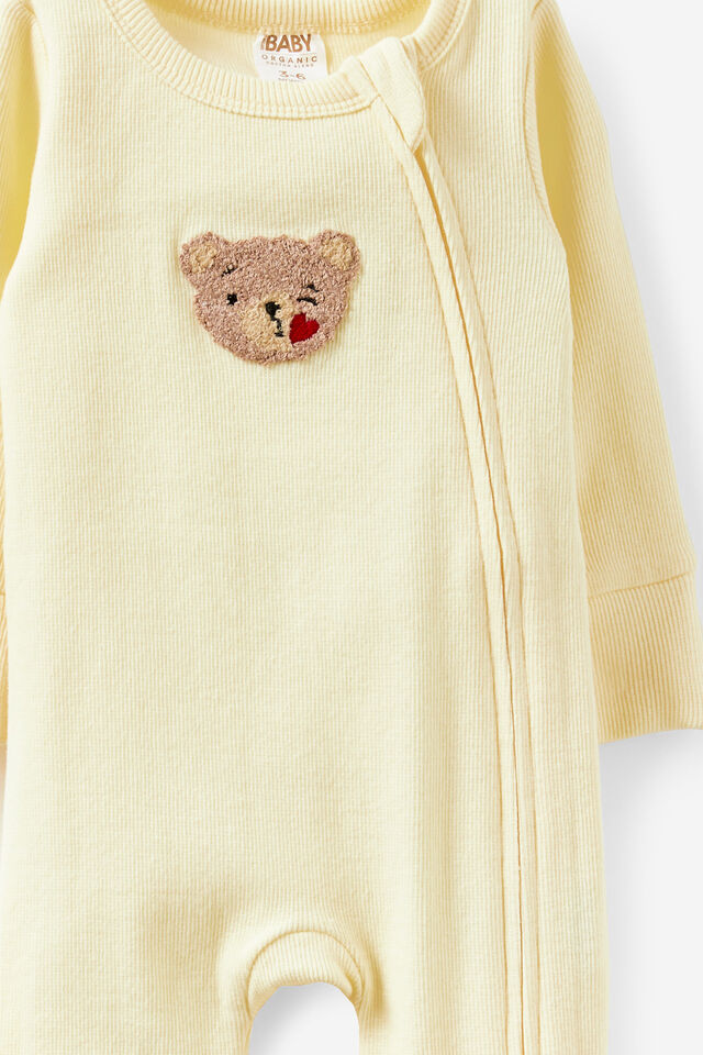 Growie Long Sleeve Rib Romper, LEMON SQUASH/BEAR KISSES