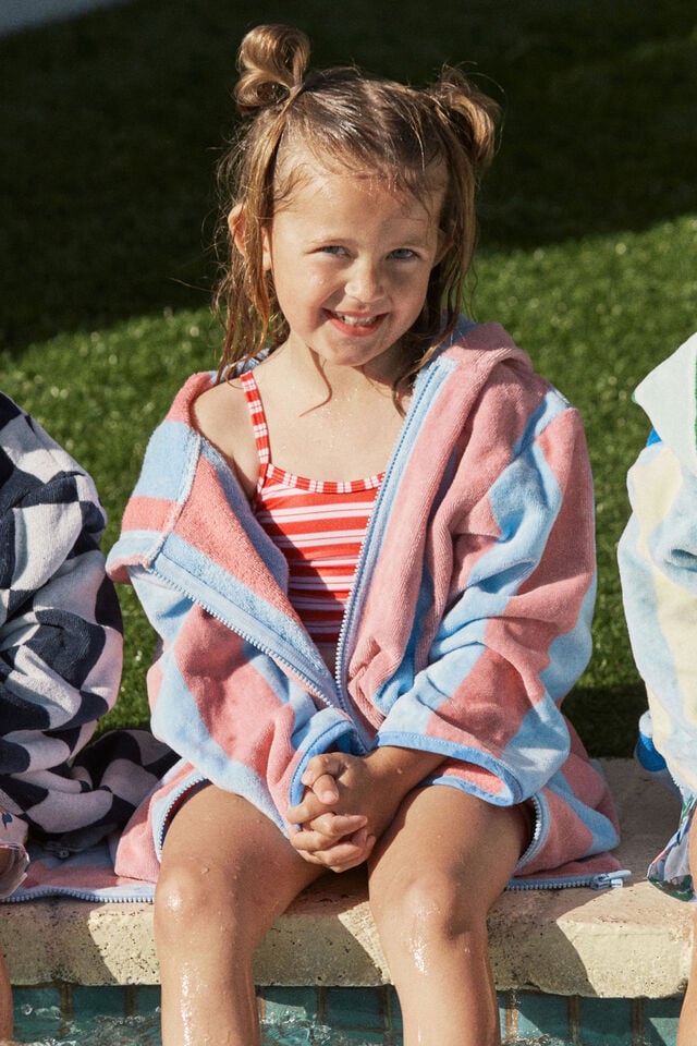 Kids Zip Thru Hooded Towel, SUNKISSED/CLOUD BLUE BOLD STRIPE