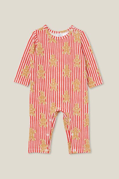 The Long Sleeve Snap Romper, ANTHURIUM RED/GINGERBREAD CANDY STRIPE