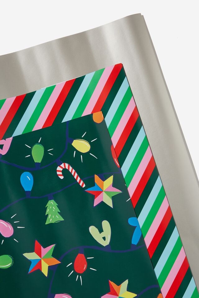 Kids Gift Wrap 3 Pack, FALALA XMAS LIGHTS/STRIPE
