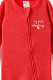 Littlie Organic Long Sleeve Zip Romper, VARSITY RED MARLE/MY FIRST CHRISTMAS - example image 2