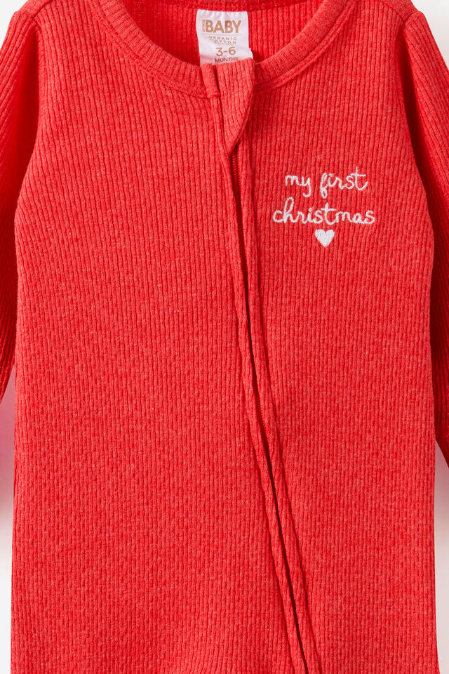 Littlie Organic Long Sleeve Zip Romper, VARSITY RED MARLE/MY FIRST CHRISTMAS