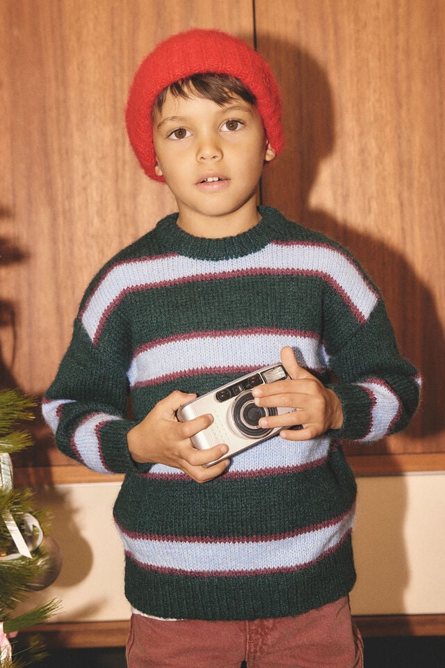 Boys Cosy Crew Neck Sweater, WINTER JADE STRIPE