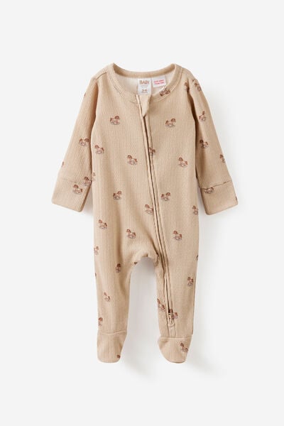 Littlie Organic Long Sleeve Zip Romper, LATTE CREAM/ROCKING HORSE