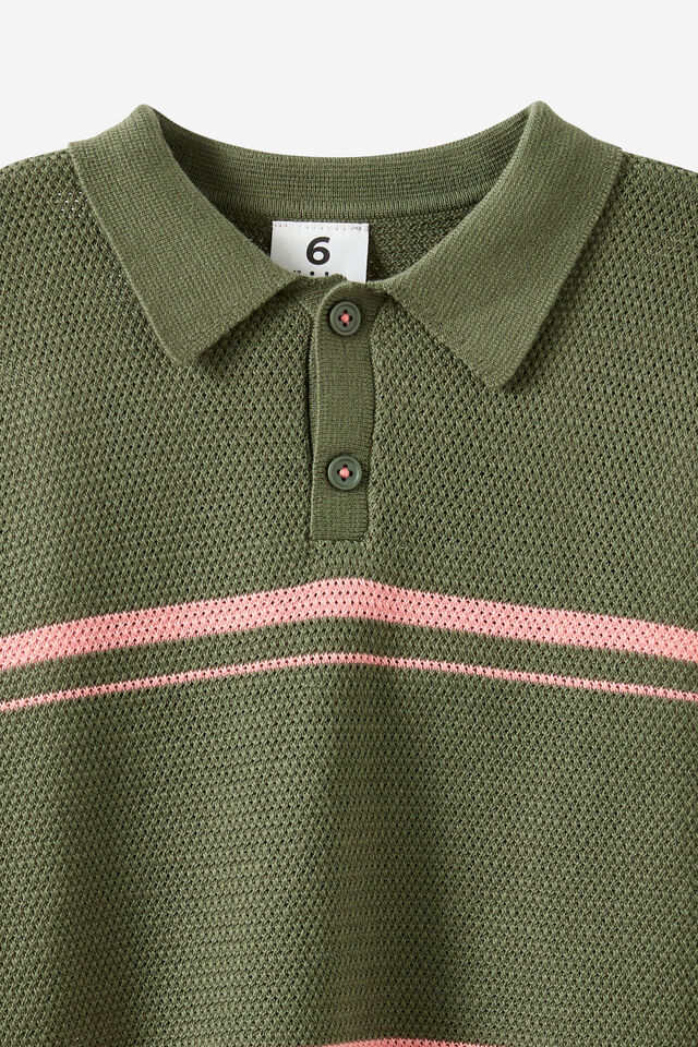 Open Neck Polo, KHAKI GREEN/SUNKISSED STRIPE
