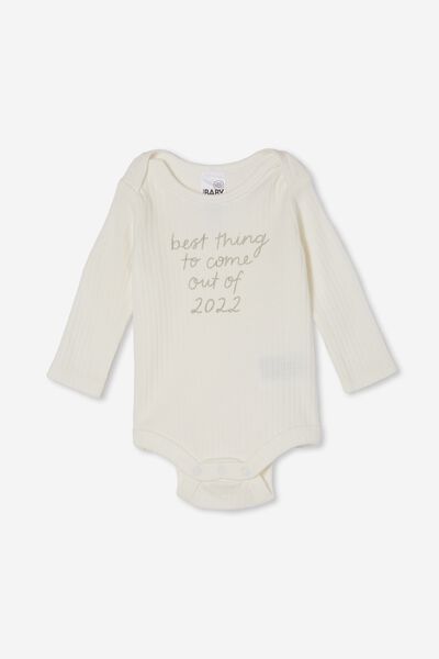 Organic Newborn Long Sleeve Bubbysuit, MILK/BEST THING TO COME OUT OF 2022
