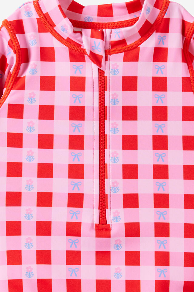 Lucy Long Sleeve Ruffle Back Swimsuit, POP RED/FLORAL GINGHAM