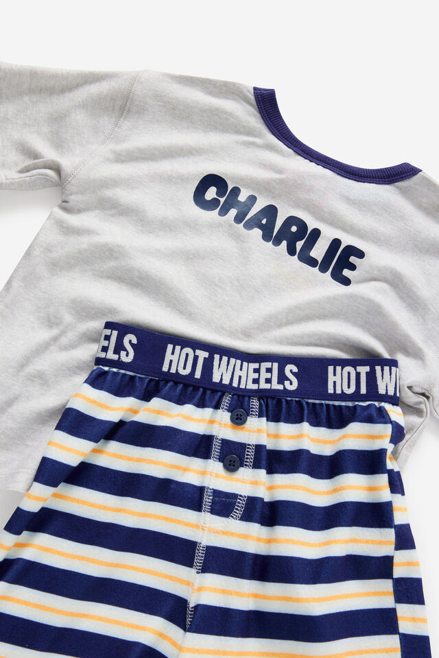Snoozesoft Short Sleeve Boxer Pj Set Personalised, LCN MAT DENIM NAVY/HOT WHEELS