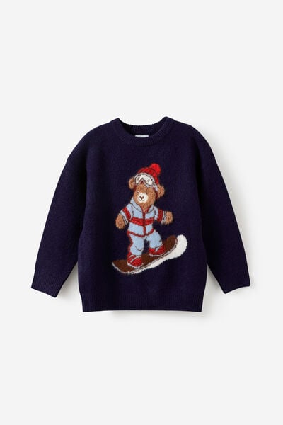 Boys Cosy Crew Neck Sweater, DENIM NAVY/SNOWBOARD BEAR