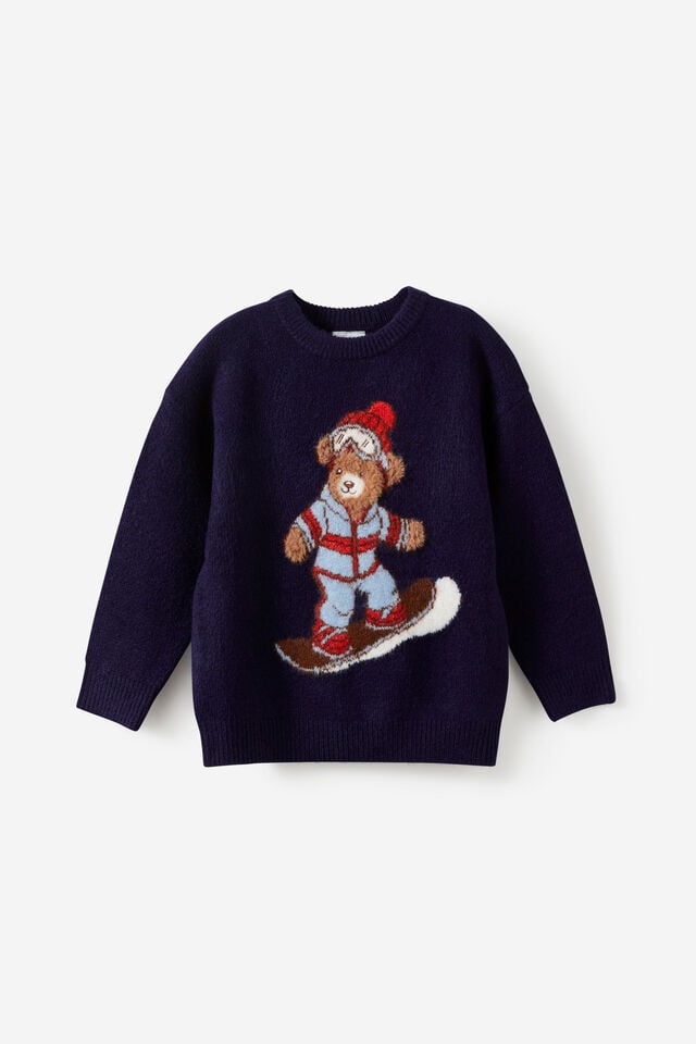 Boys Cosy Crew Neck Sweater, DENIM NAVY/SNOWBOARD BEAR