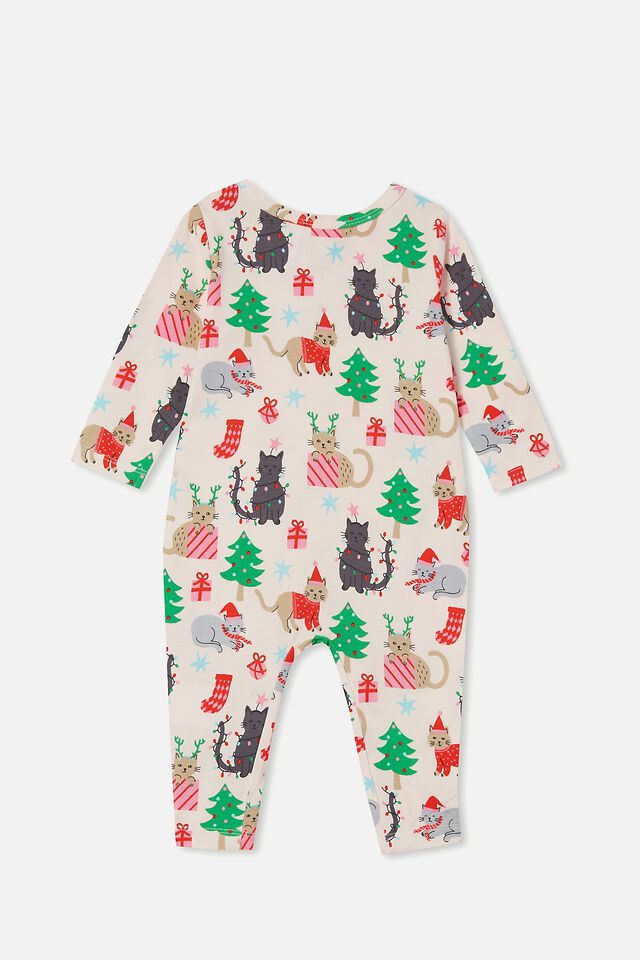 The Long Sleeve Snap Romper, CRYSTAL PINK/XMAS CATS