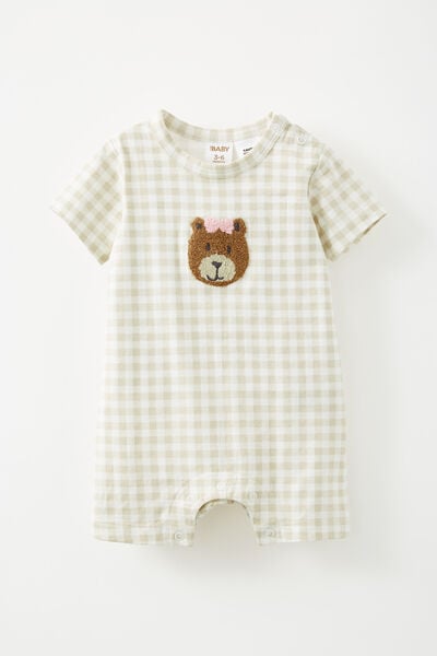 The Short Sleeve Romper, RAINY DAY/GINGHAM BEAR