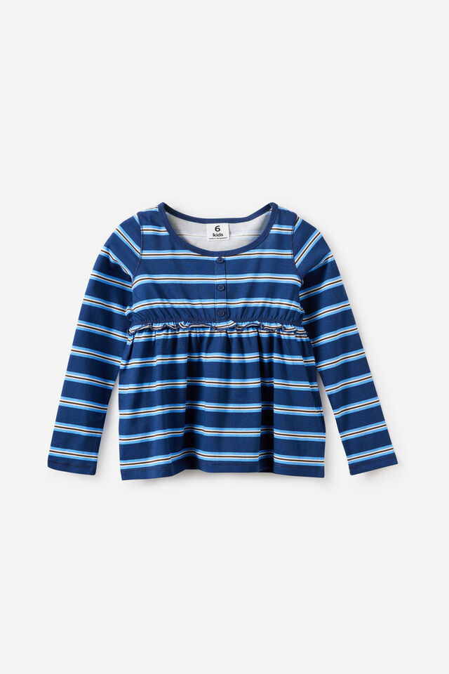 Long Sleeve Jersey Babydoll Top, DENIM NAVY STRIPE