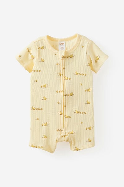 Littlie Organic Short Sleeve Zip Romper, LEMON SQUASH/TOY DUCKS