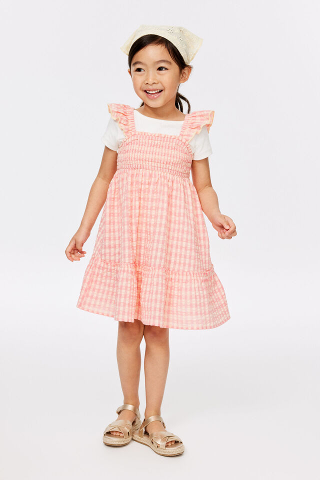 Gigi Flutter Sleeve Dress, APRICOT MIST/SUNKISSED GINGHAM
