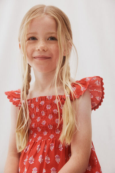 Amy Tiered Dress, CAPSICUM/ELODIE FLOWER STAMP