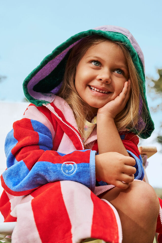 Kids Zip Thru Hooded Towel, POP RED/CONTRAST STRIPES
