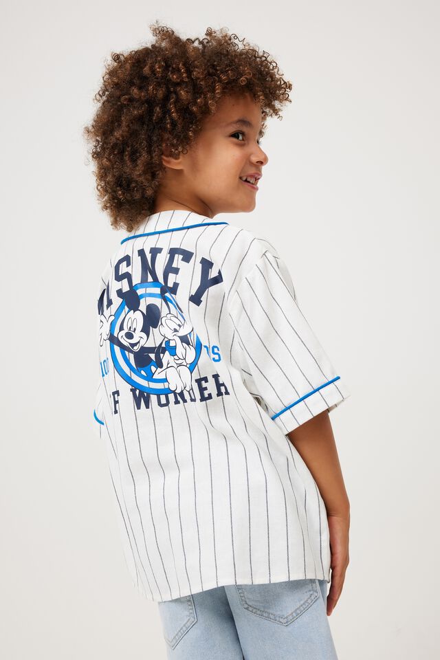 License Baseball Short Sleeve Shirt, LCN DIS VANILLA/NAVY BLAZER STRIPE MICKEY
