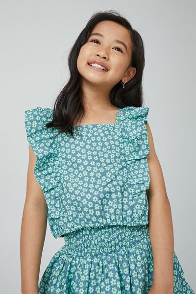 Maggie Frill Top, TEAL STORM ASHBURY FLORAL