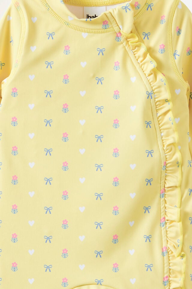 Baby Long Sleeve Ruffle All In One Swimsuit, BABY YELLOW/LOVELY DITSY