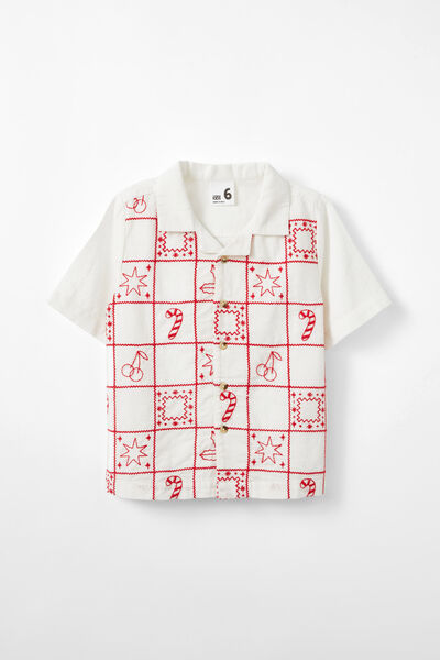 Cabana Short Sleeve Shirt, VANILLA/SANTA EMBROIDERY