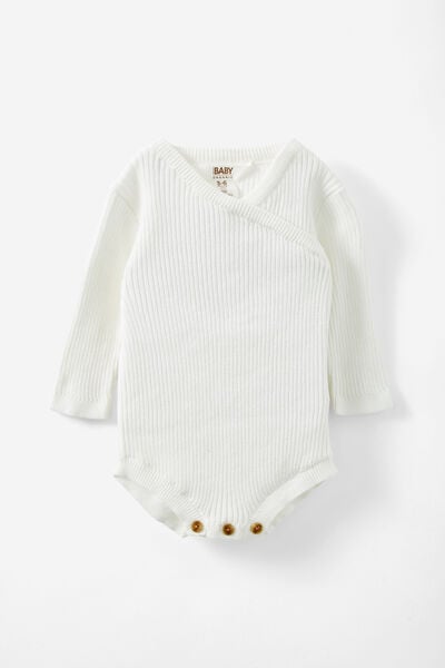 Organic Rib Knit Cross Over Tie Bubbysuit, MILK